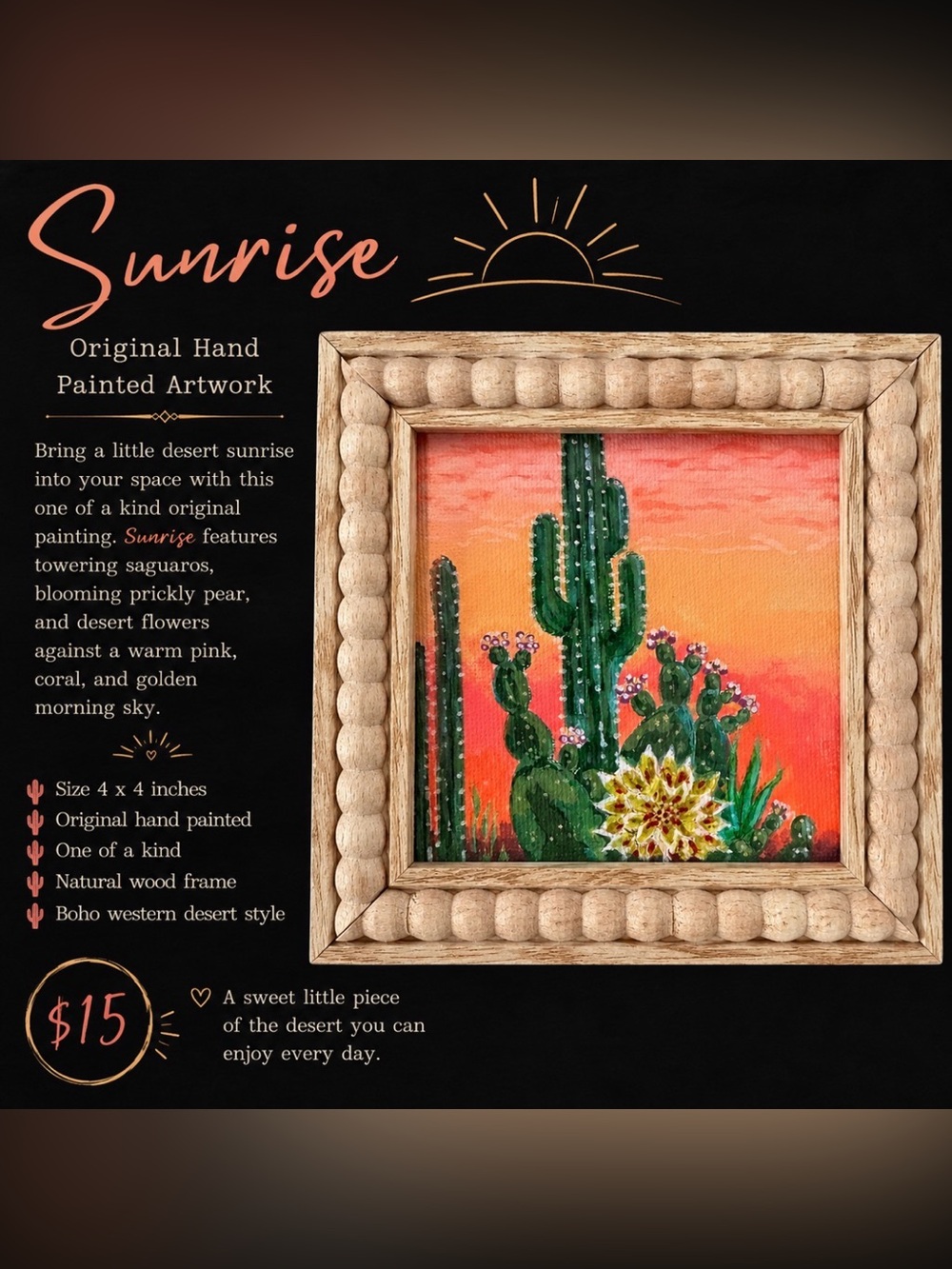 Sunrise Desert Cactus Painting - Hand Painted Mini Art (Pink Orange Gold)